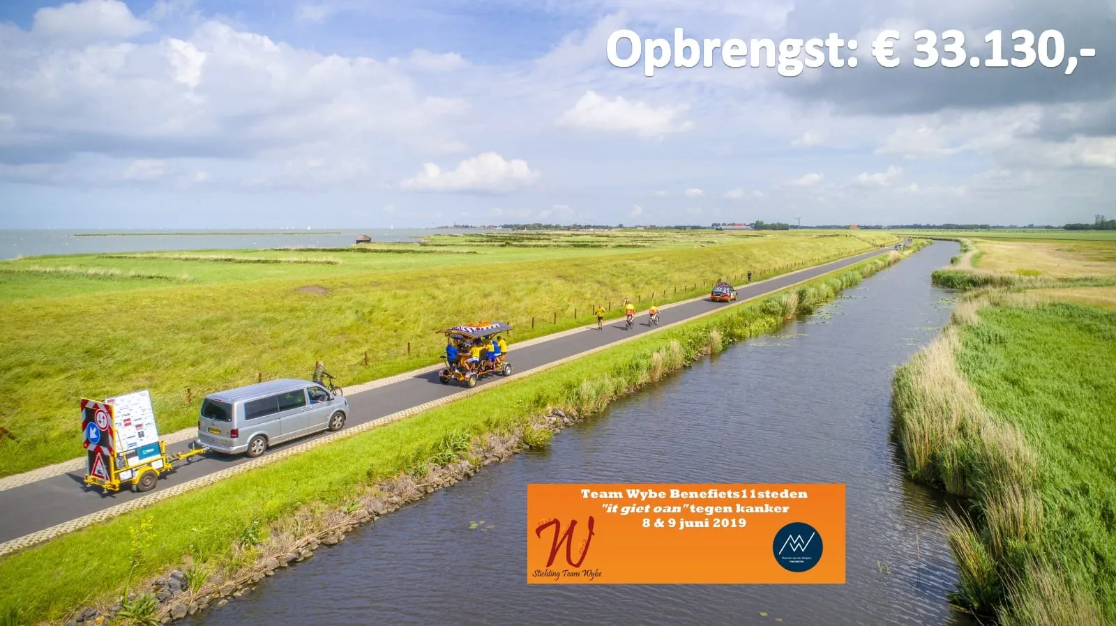 Luchtfoto van de bierfiets van Team Wybe langs een Friese vaart tijdens de Benefiets Elfstedentocht 2019